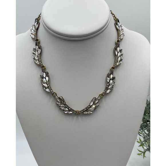 J. Crew Fan Feather Leaves Rhinestone Bling Collar Necklace - Picture 1 of 14